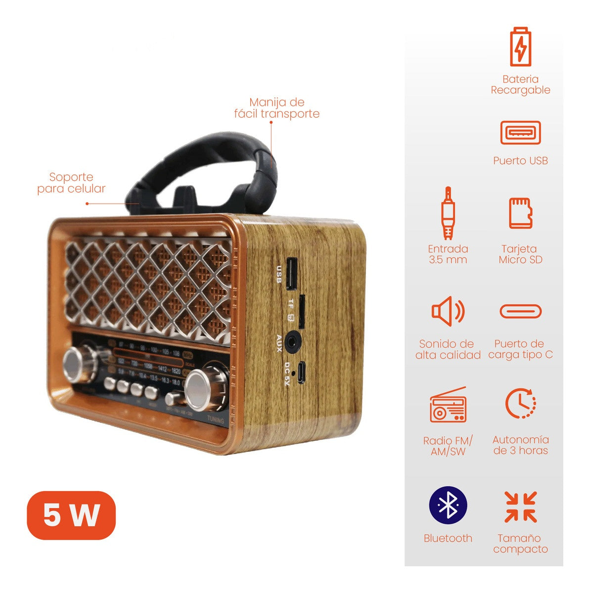 Parlante Radio Retro Am/Fm Aux Mp3 Bluetooth Portatil Vintage