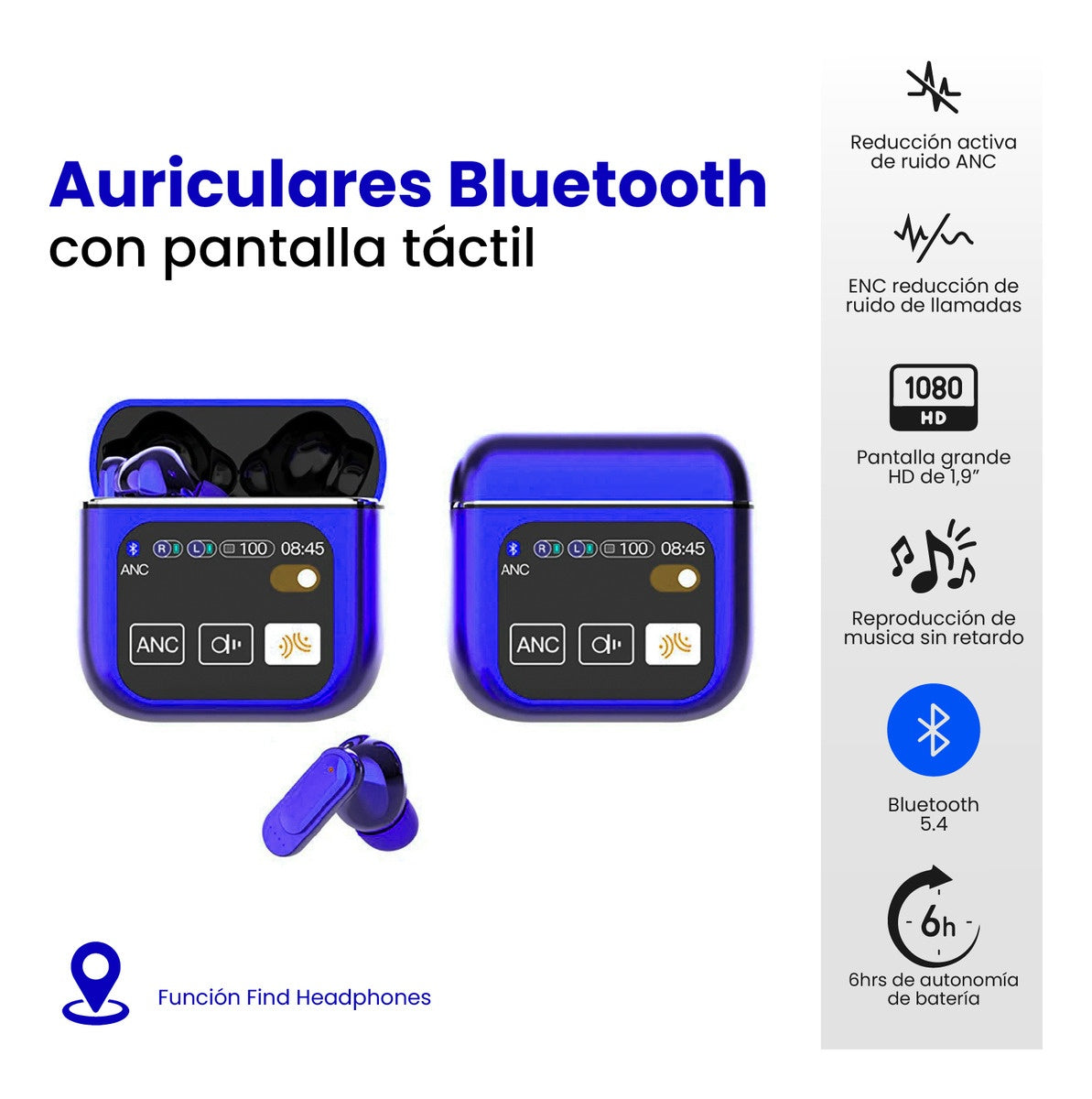 Audifonos Bluetooth Azul 5Ta Generacion Cancelacion Ruido Pantalla Innovo