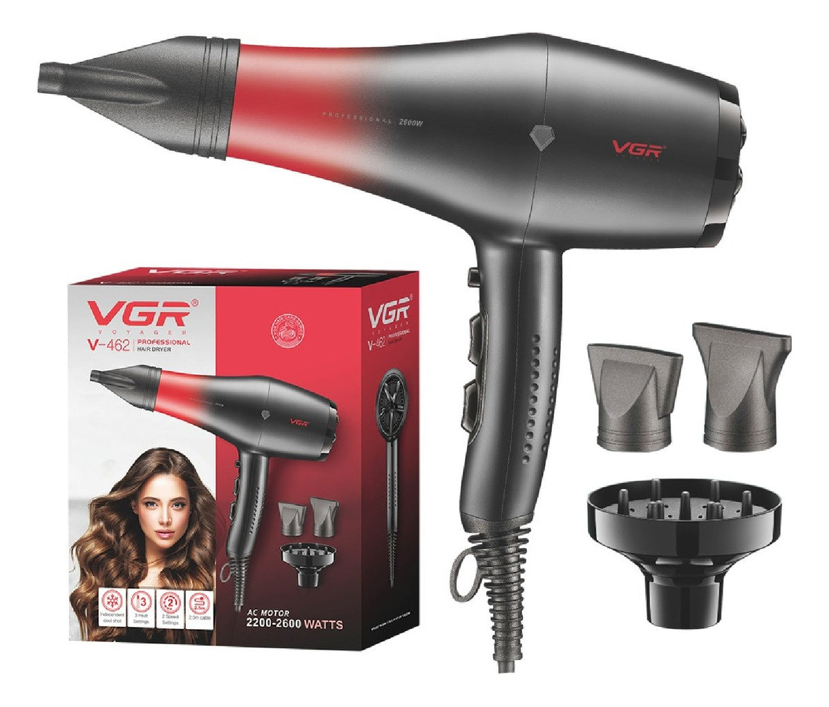 Secador Profesional Con 3 Boquillas 1500W Innovo Vgr 462