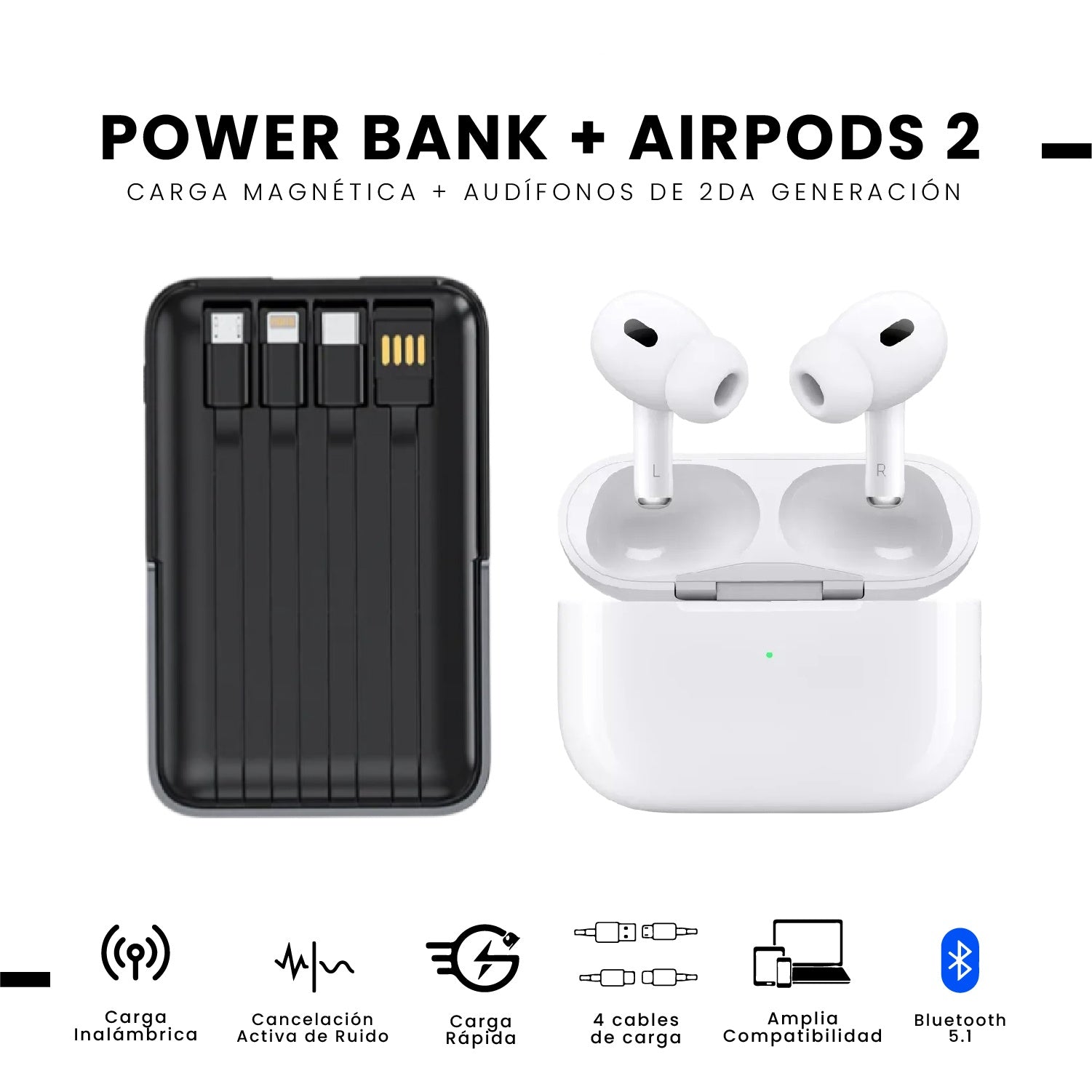 Powerbank Para Iphone Mag Safe 22.5W Carga Rapida + Audifonos Air Pod Segunda