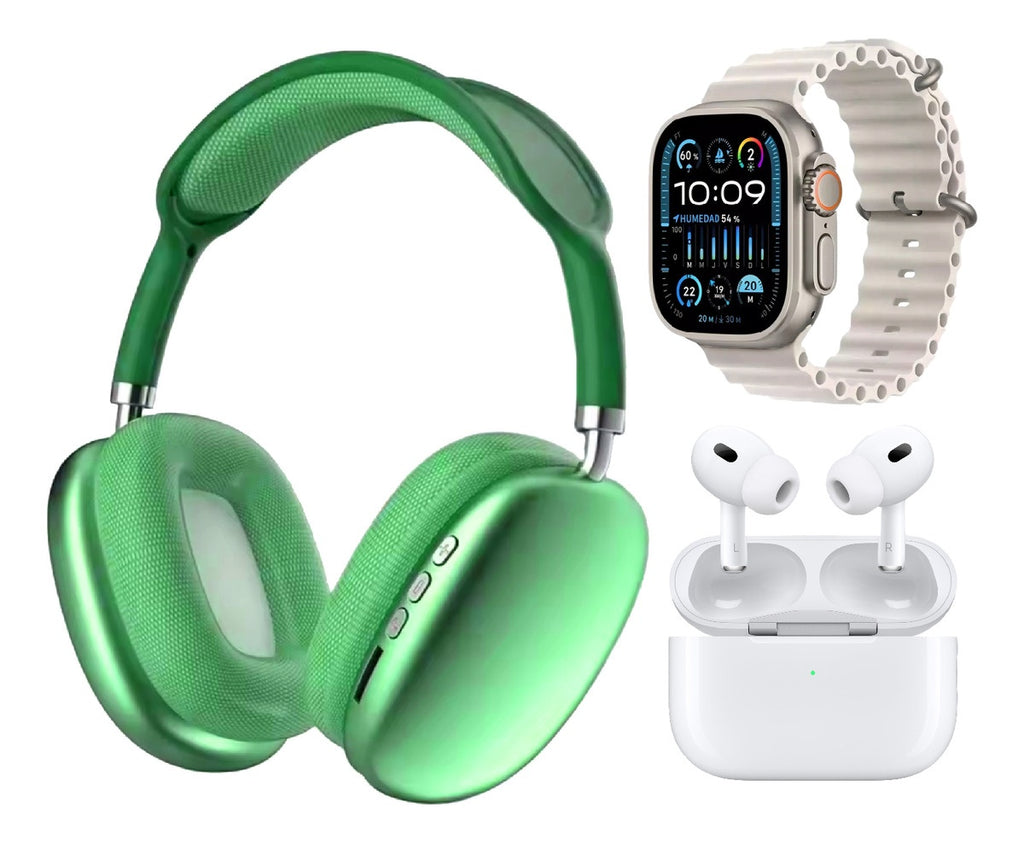 Combo Green K12 Smart Watch 7 Pulsos V5.3 Wireless Con Audifonos Tactil Y Audifonos Diadema Innovo Tech