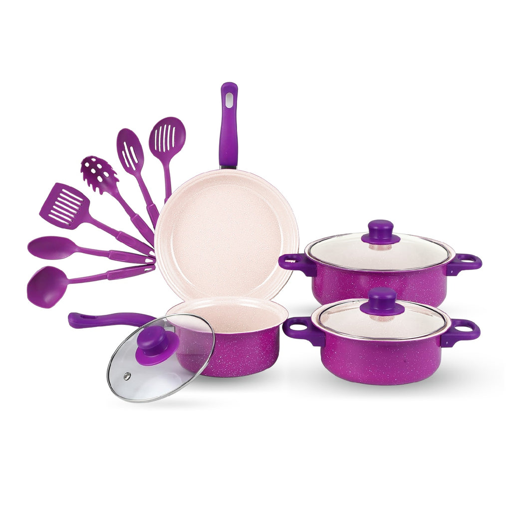 Juego De Ollas Con Tapa Vidrio Esmaltada Con Utensilios 13 Piezas Morado