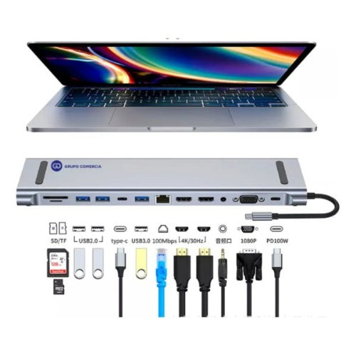 Hub Convertidor Tipo C 12 En 1 Macbook Pc Ethernet 1000 Mbps Gris