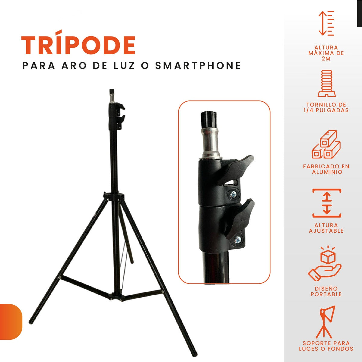 Tripode Universal Ajustable Hasta 2M Con Tornillo De 1/4 Metalico