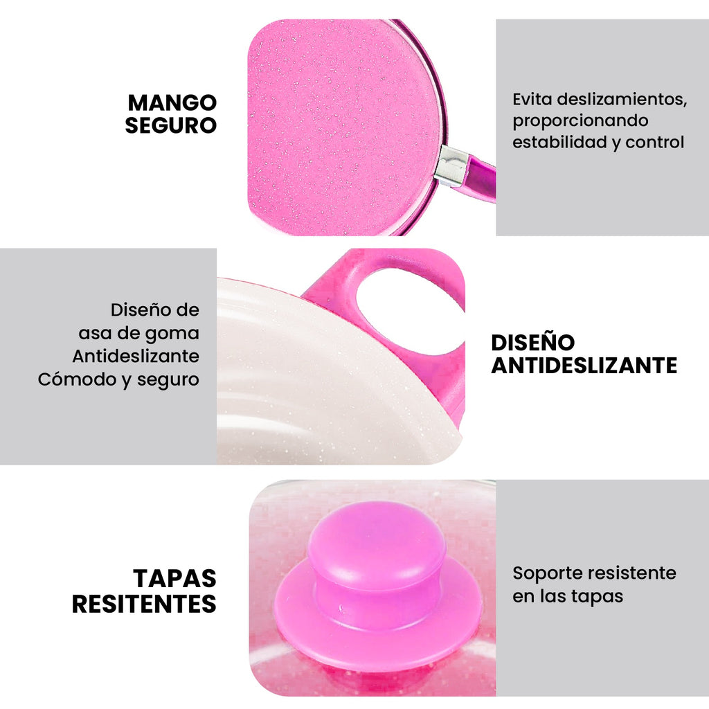 Juego De Ollas Con Tapa Vidrio Esmaltada Con Utensilios 13 Piezas Rosado