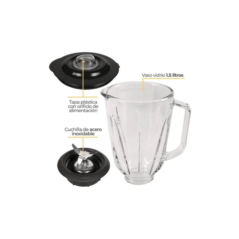 Licuadora Kalley 1.5L Vaso Vidrio + Acero Inoxidable Con Picatodo Potente