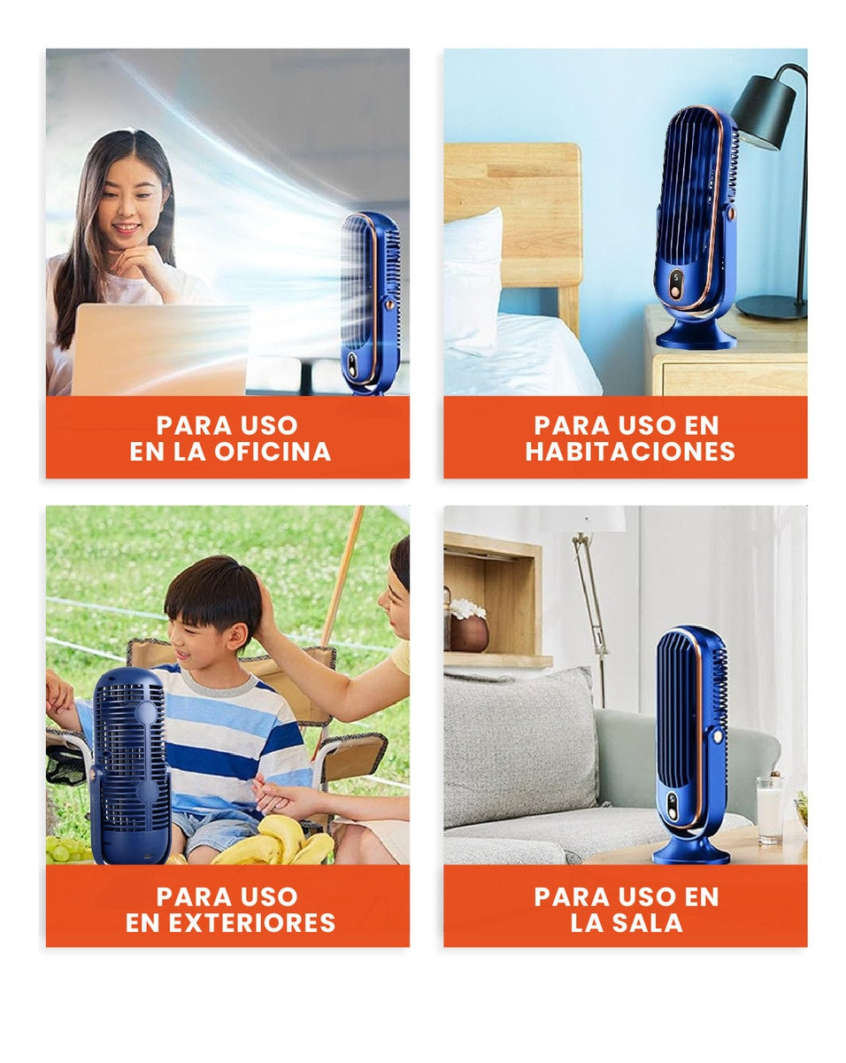 Mini Ventilador Mesa Escritorio Digital 5 Velocidades Recargable Azul Con Dorado