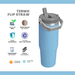 Termo Acero Inoxidable 900Ml Flip Straw Antiderrames Frio Calor Azul