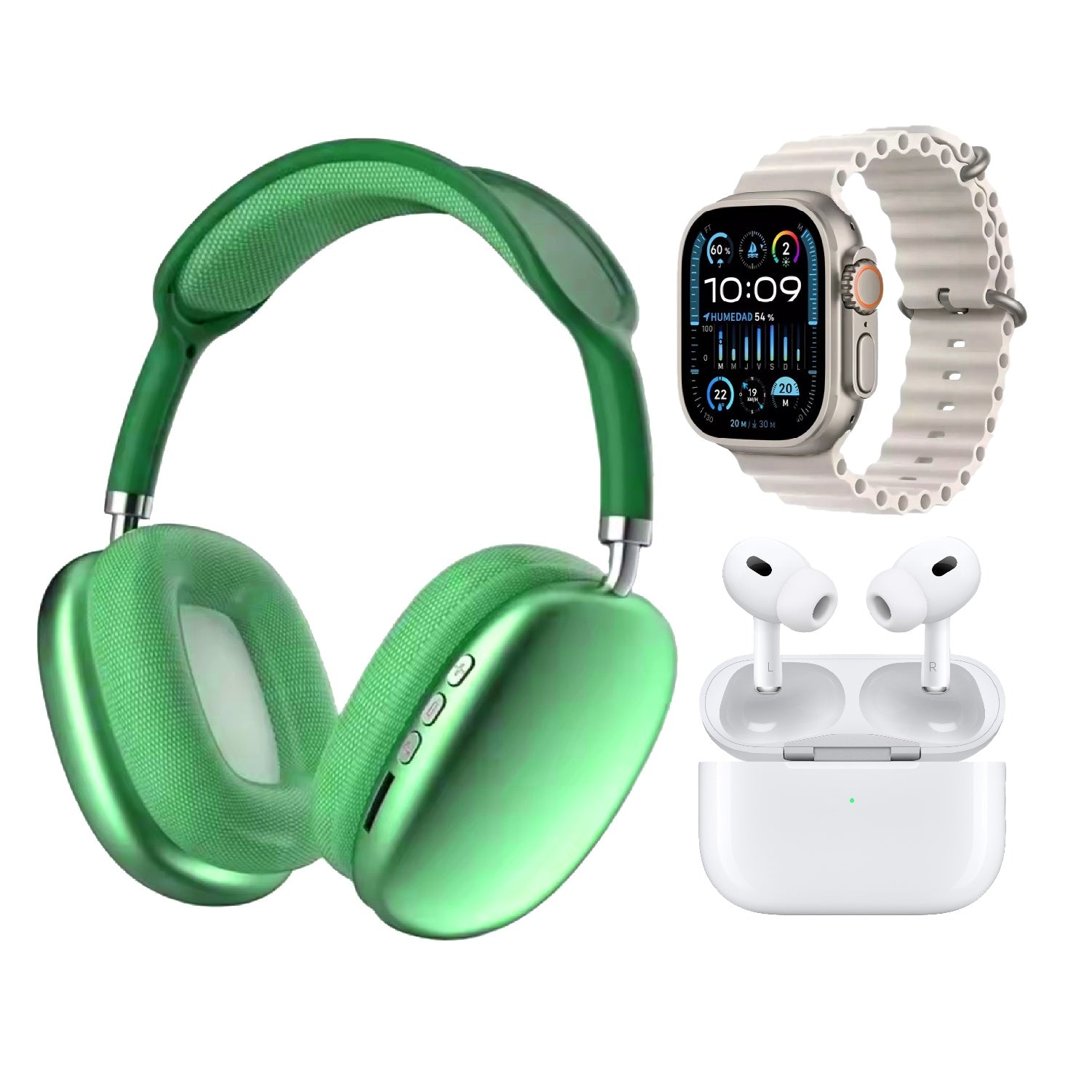 Combo Green K12 Smart Watch 7 Pulsos V5.3 Wireless Con Audifonos Tactil Y Audifonos Diadema Innovo Tech