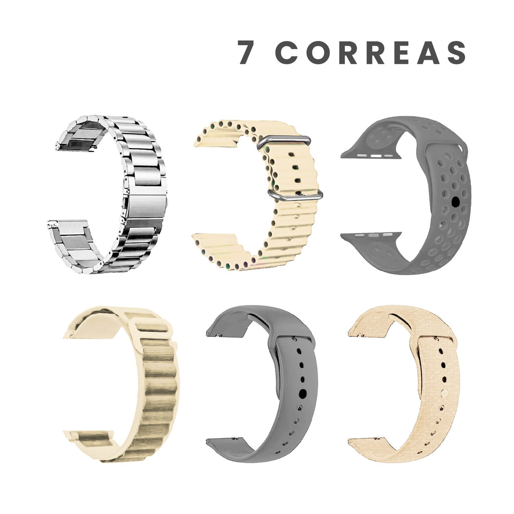 Combo Smartwatch Sport V11 Classic Suit 7 Pulsos Beige Con Audifonos Y Soporte Giratorio Celular