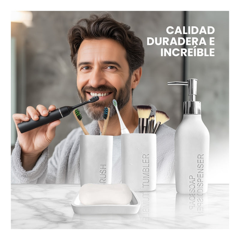 Organizador De Bano 4 Piezas De Lujo Con Dispensador De Jabon Premium Blanco