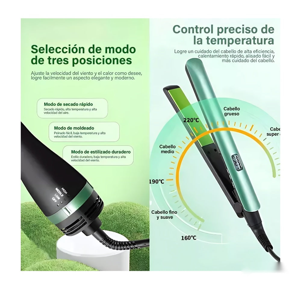 Tri Combo Aguacate Cepillo Secador + Plancha Cabello + Pinza Sirena + Obsequio Toalla Microfibra Cabello