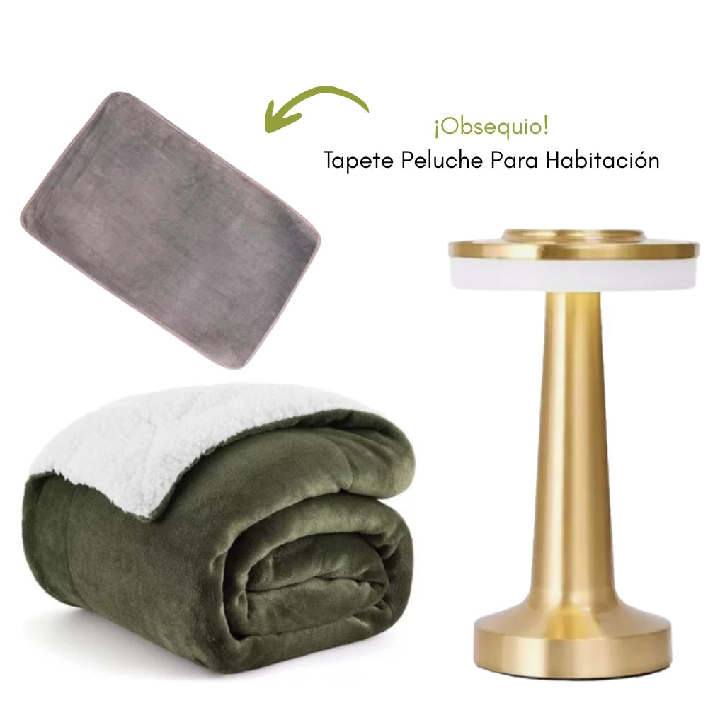 Combo Cobija Termica Doble Faz Verde + Lampara Plato 3 Tonos Tactil + Obsequio Tapete Peluche