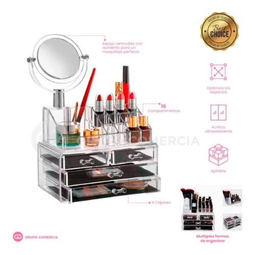 Organizador De Maquillaje Joyero Acrilico Cajones Con Espejo
