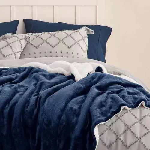 Combo Duo Medias Termicas Peluche + Cobija Termica Ovejera 180 X 240 Azul Doble Faz