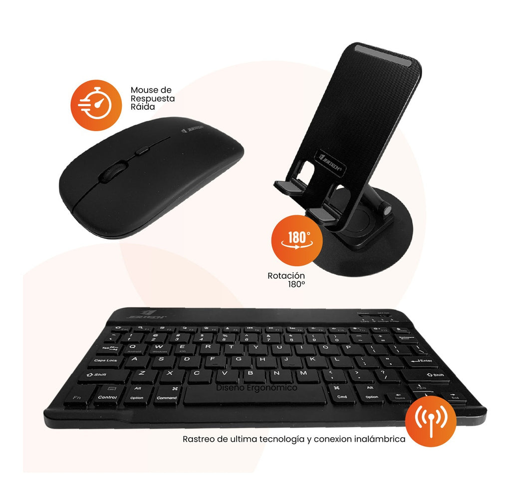 Teclado Inalambrico 3 En 1 Jertech Inn Receptor Usb Mouse Soporte Tablet O Celular Portatil