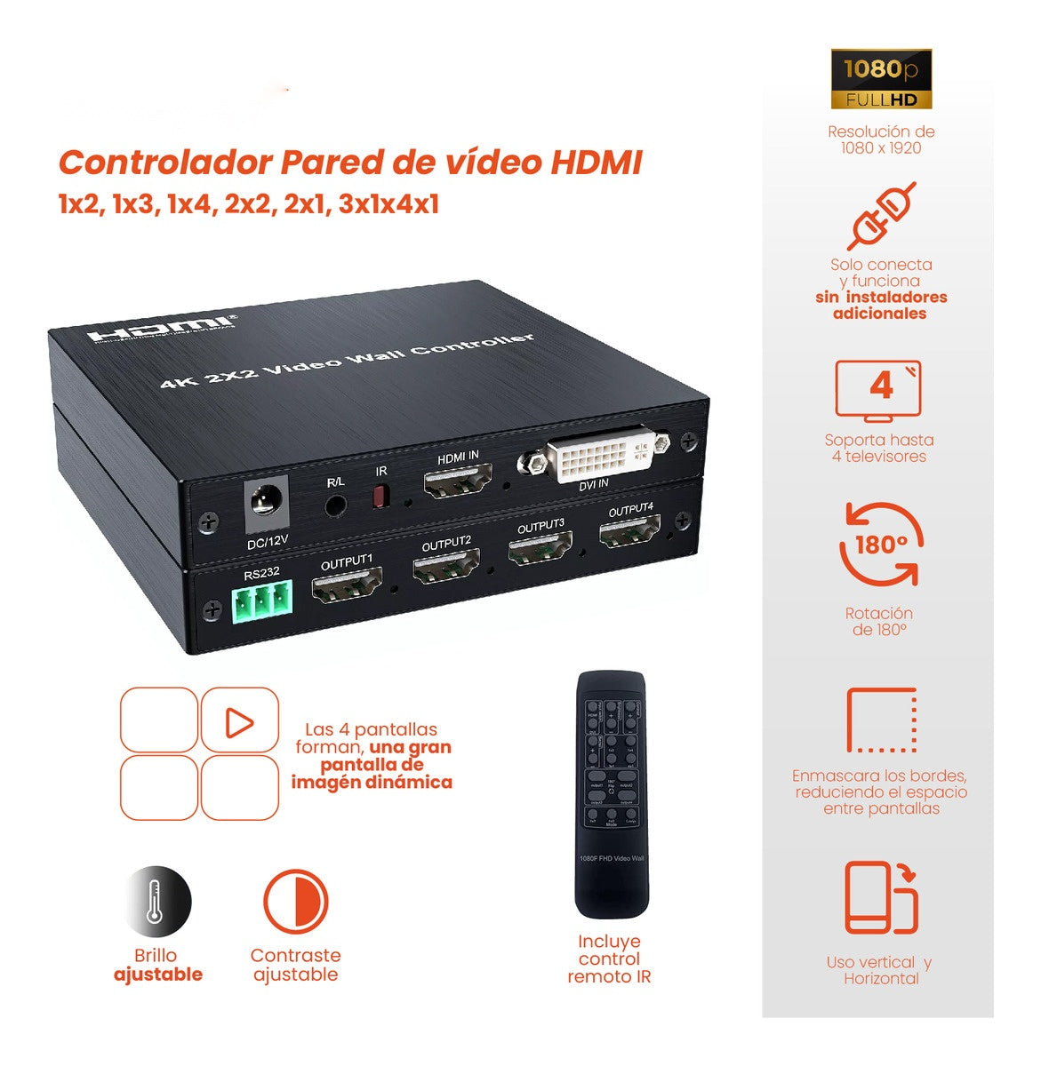 Video Controlador Hdmi 2X2 Para Tv 4K Multiplicador 4 Pantallas