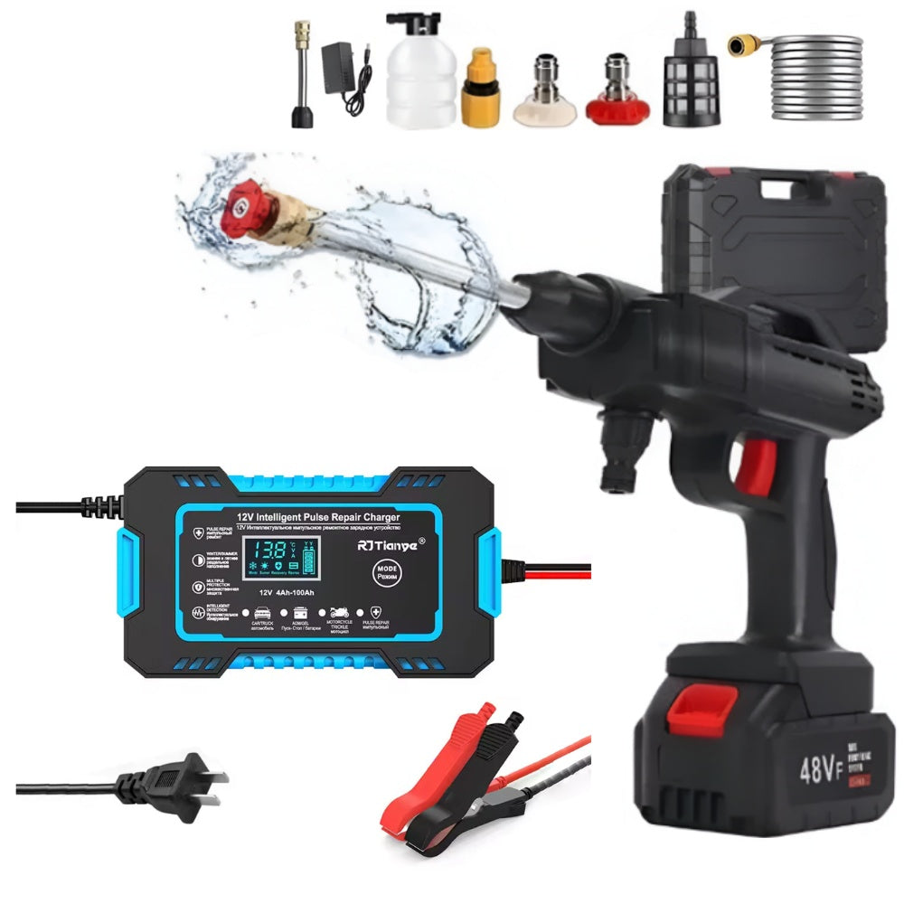 Pistola Hidrolavadora Doble Bateria Alta Presion + Cargador Iniciador De Bateria Carro Moto