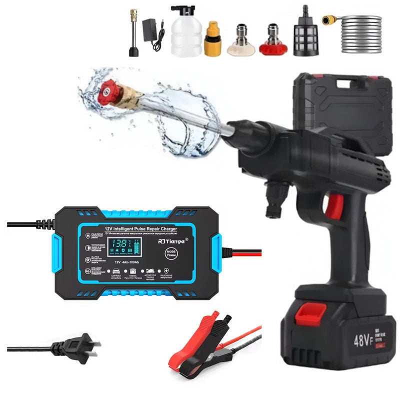 Pistola Hidrolavadora Doble Bateria Alta Presion + Cargador Iniciador De Bateria Carro Moto