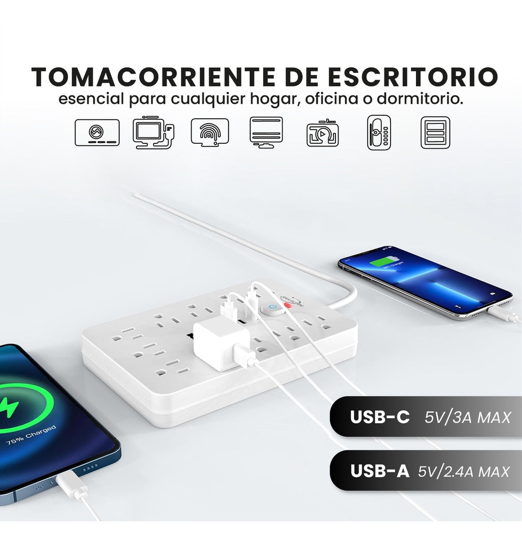 Multitoma 17 En 1 Regleta Electrica 11 Tomas 6 Usb Carga Rapida Usb-C Proteccion Sobrecarga Blanco