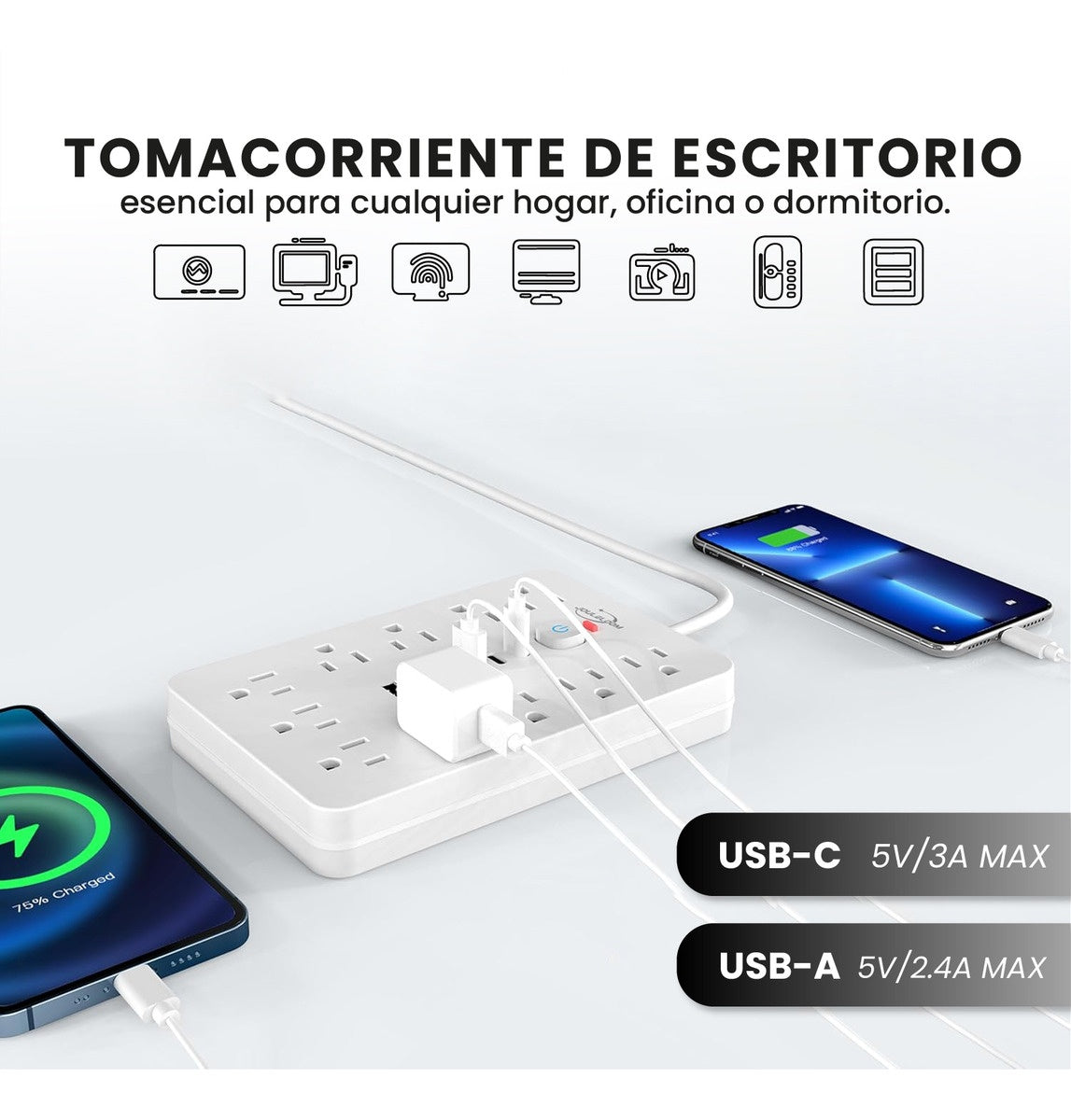 Multitoma 17 En 1 Regleta Electrica 11 Tomas 6 Usb Carga Rapida Usb-C Proteccion Sobrecarga Blanco
