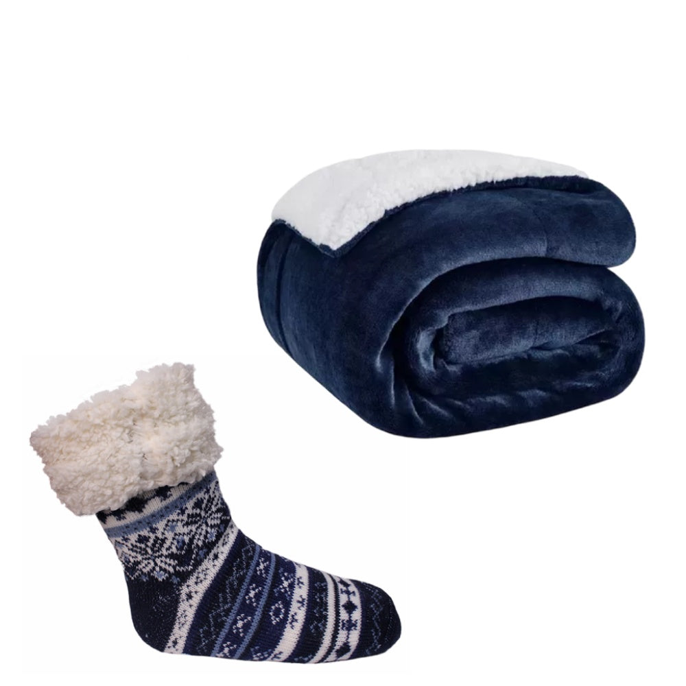 Combo Duo Medias Termicas Peluche + Cobija Termica Ovejera 180 X 240 Azul Doble Faz