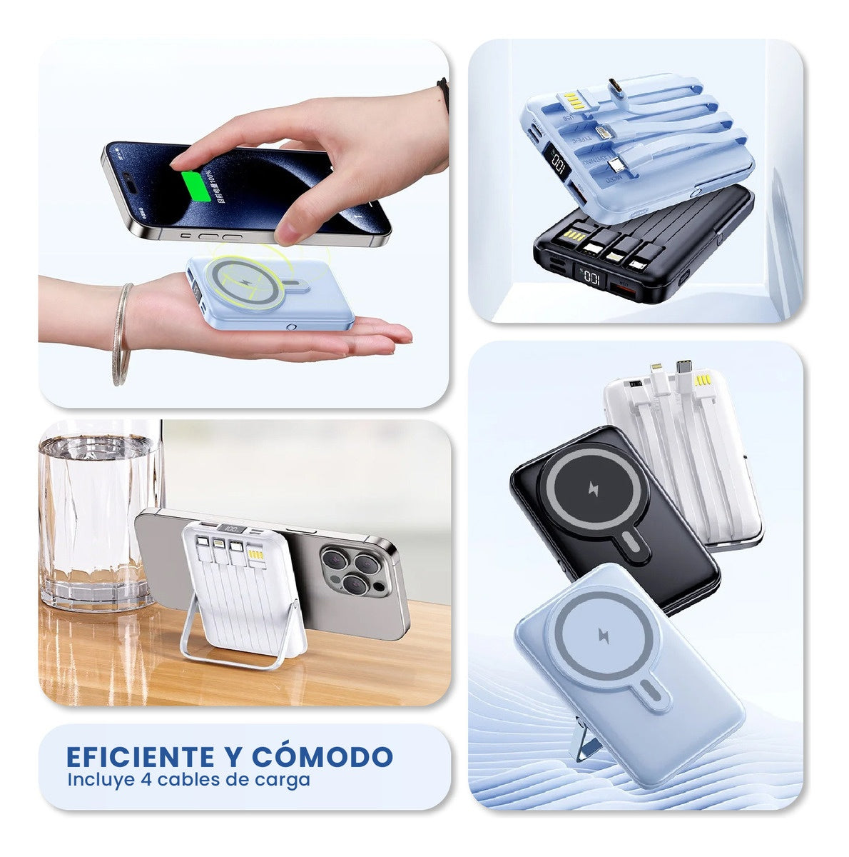 Power Bank Inalambrico Magnetico 7.000 Mah Carga Rapida 4 Cables Integrados Y Soporte 22.5W