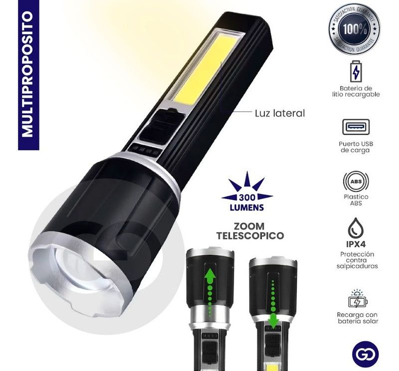 Linterna Tactica Led Recargable Panel Solar Y Usb Enfoque