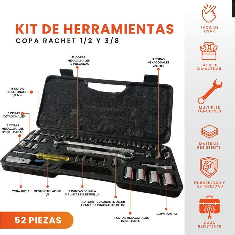 Juego De Copas Herramienta Rache 52 Piezas Con Estuche