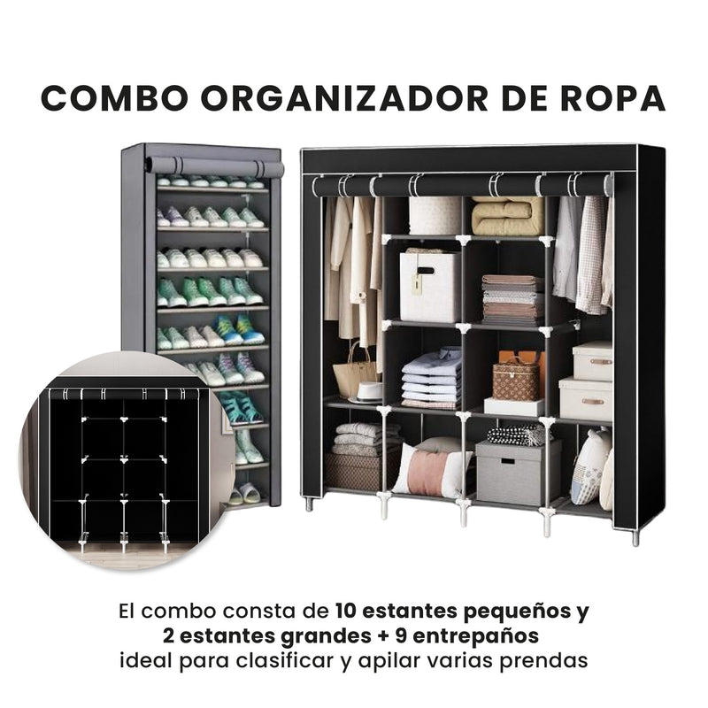 Combo Armario Organizador De Ropa Extra Grande 4 Puertas Y Zapatero 9 Niveles