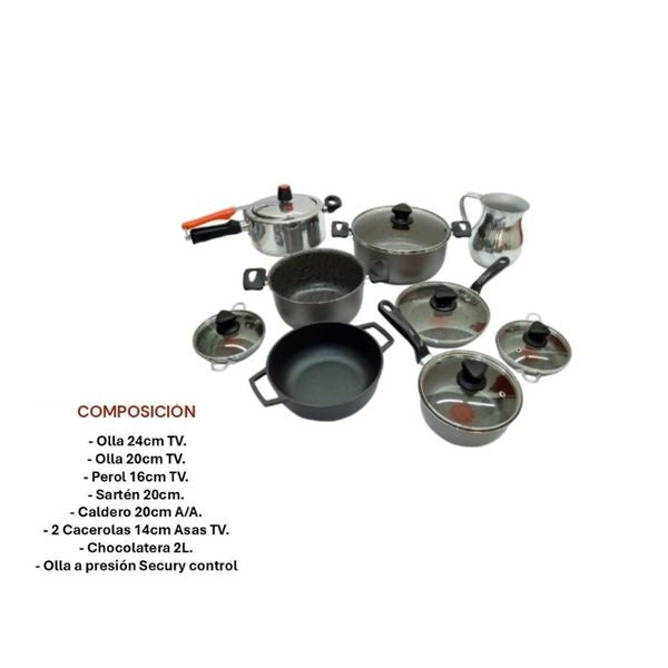 Bateria De Cocina Imusa 14 Piezas Antiadherente Con Olla A Presion Y Caldero