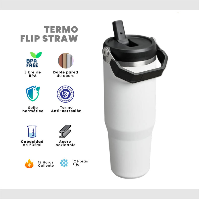Termo Acero Inoxidable 900Ml Flip Straw Antiderrames Frio Calor Blanco