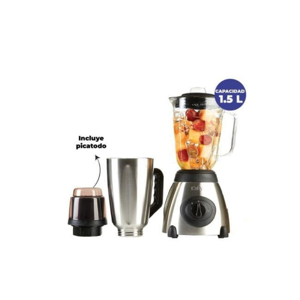 Licuadora Kalley 1.5L Vaso Vidrio + Acero Inoxidable Con Picatodo Potente