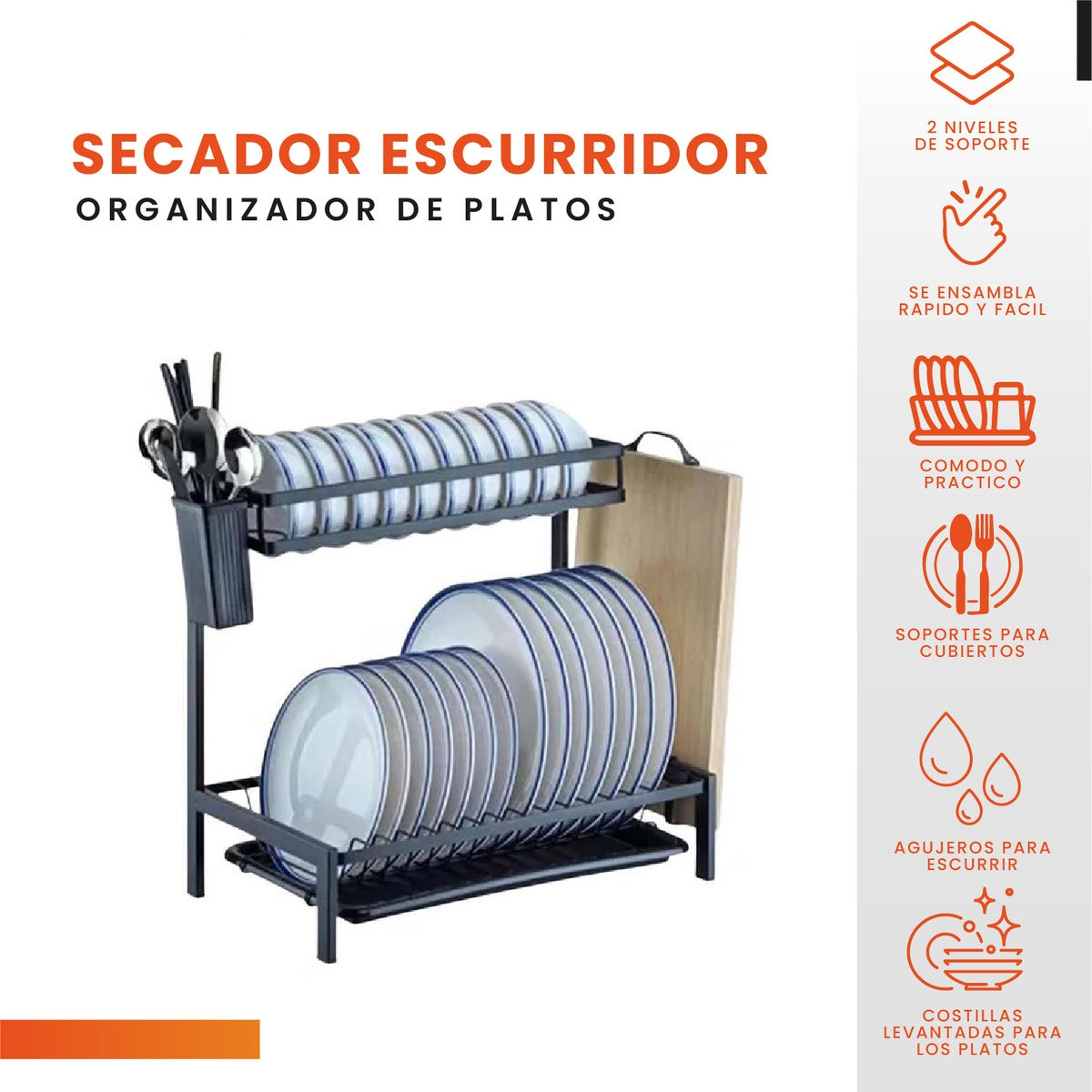 Platero Organizador De Cocina Metalico 2 Niveles Armable Innovo Home Negro