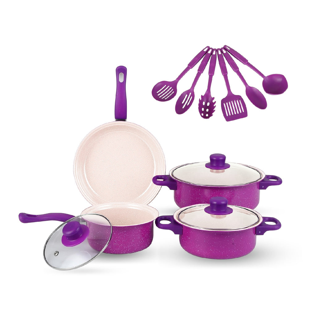 Juego De Ollas Con Tapa Vidrio Esmaltada Con Utensilios 13 Piezas Morado