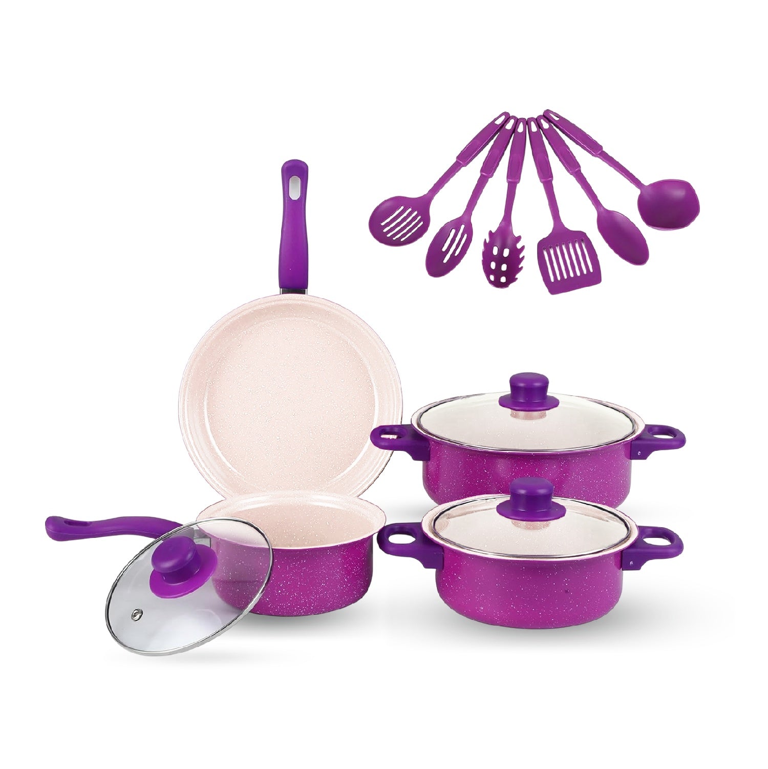 Juego De Ollas Con Tapa Vidrio Esmaltada Con Utensilios 13 Piezas Morado