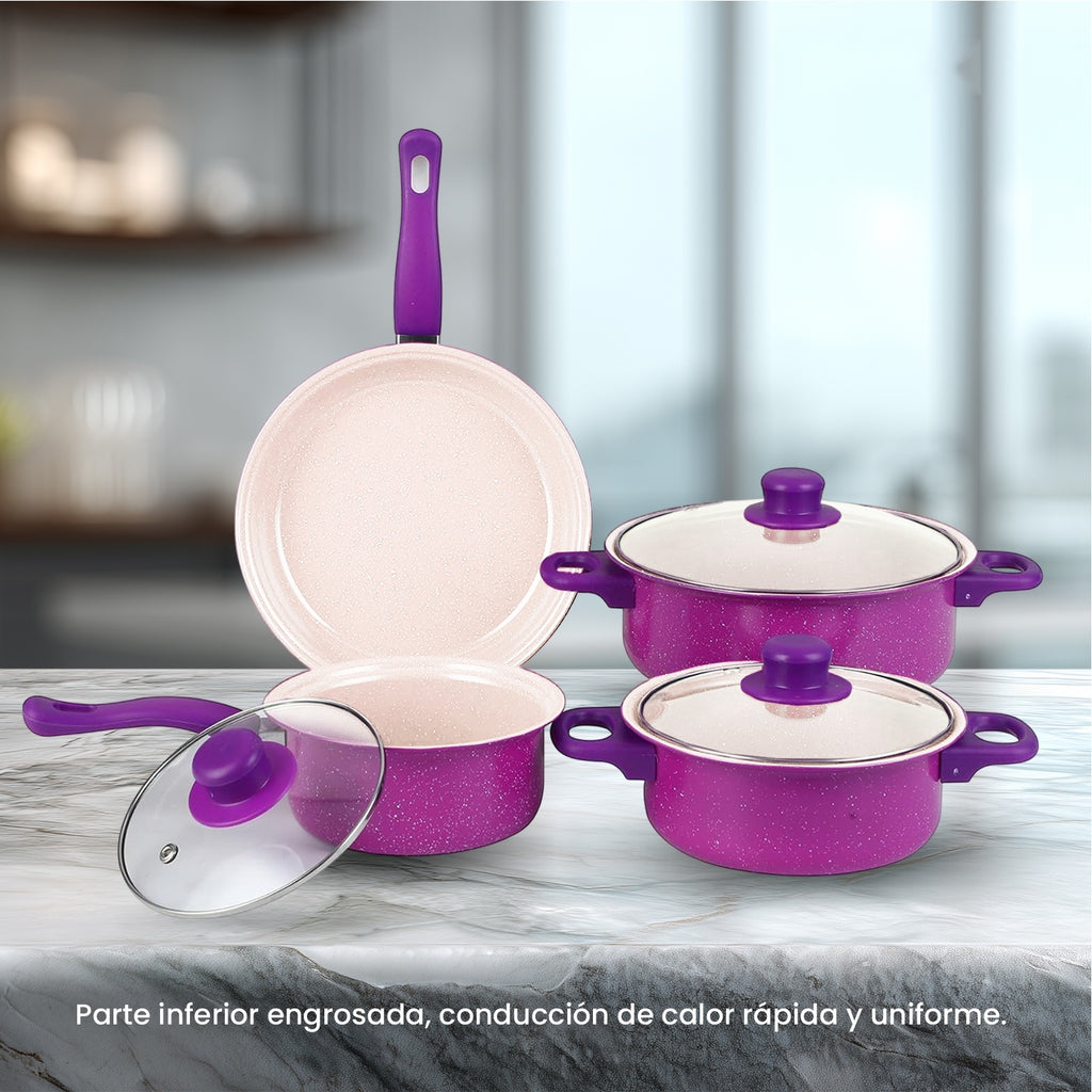 Juego De Ollas Con Tapa Vidrio Esmaltada Con Utensilios 13 Piezas Morado