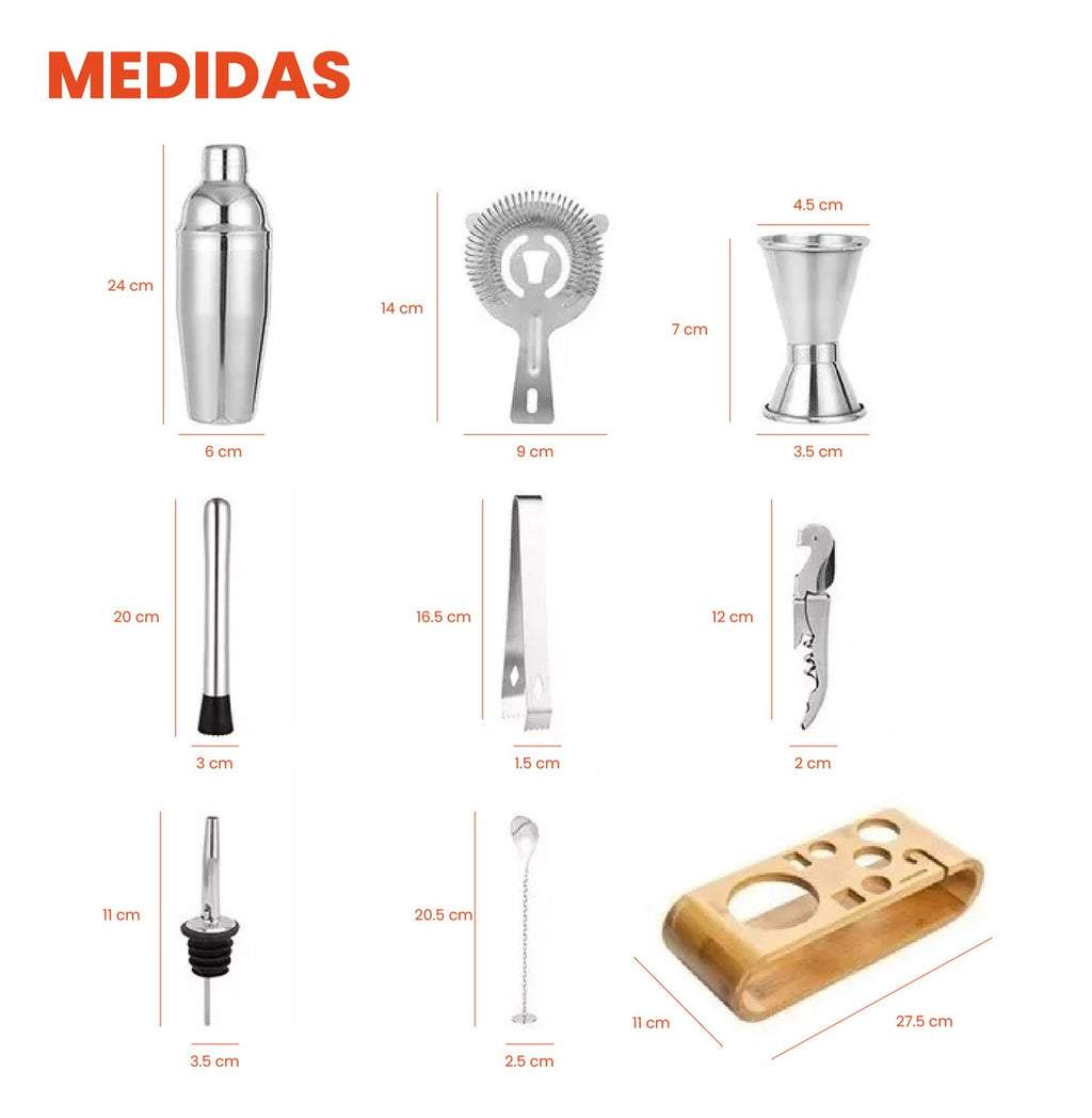 Bartender Coctelera Set Utensilios Bar Inoxidable 9 Piezas Bambu Premium Profesional