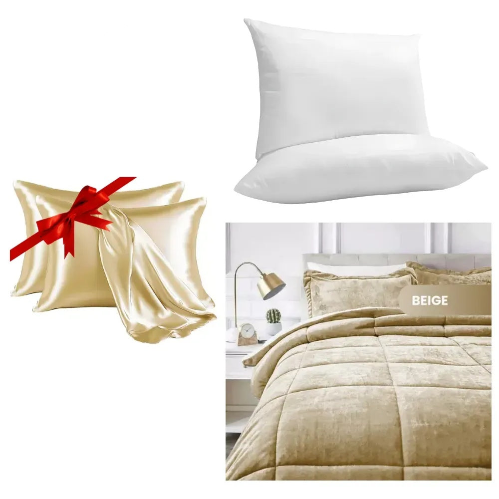 Combo Cubrelecho Beige Termico Cama Doble + 2 Almohadas Confort + Obsequio Fundas Satin