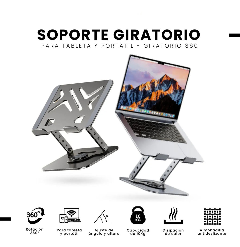 Soporte Portatil Laptop Hasta 20 Pulgadas Giratorio 360Deg Aluminio Ajuste Altura Ergonomico