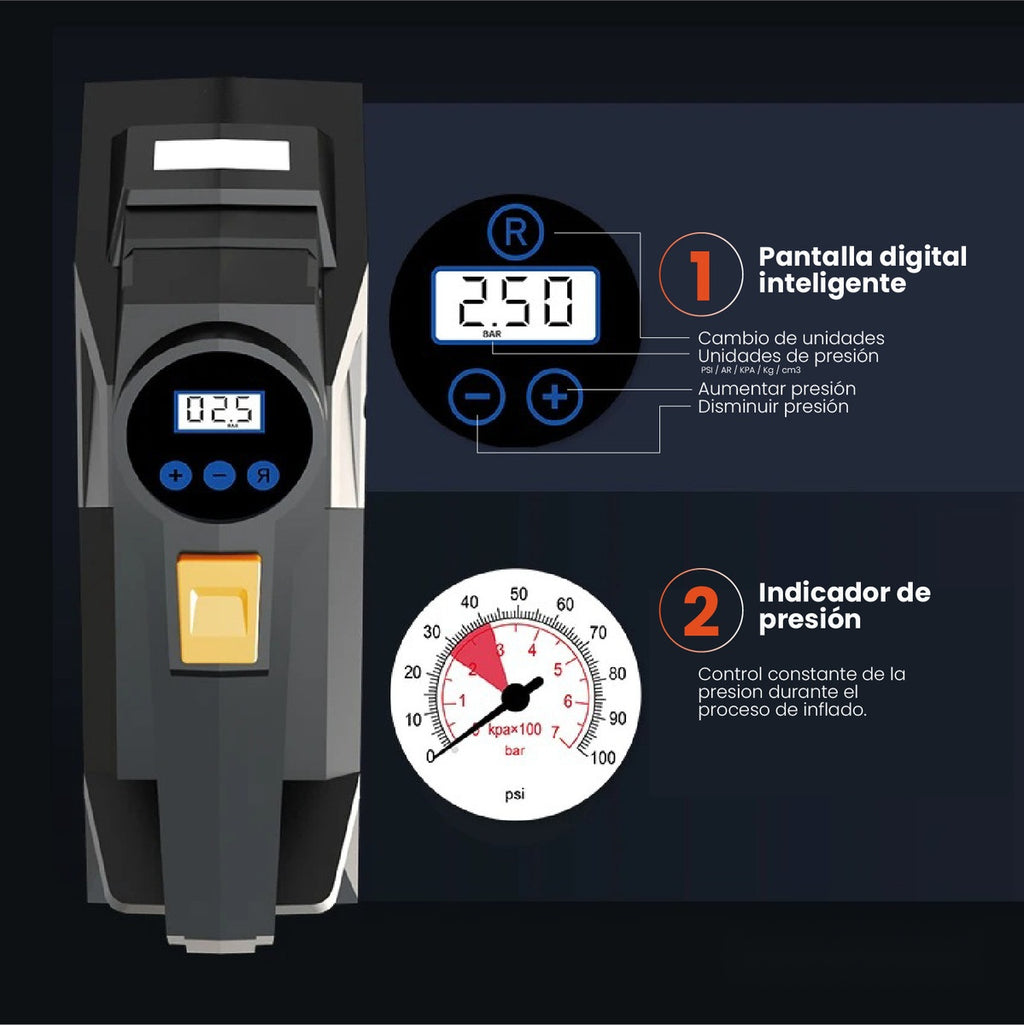 Inflador Para Carros Portable Infaltable Con Linterna Accesorios 150 Psi Universal