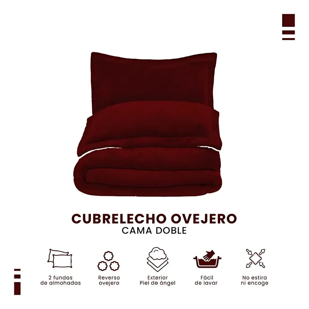 Combo Home Cubrelecho Ovejero Cama Doble Vinotinto + 2 Lamparas Farol Tactil