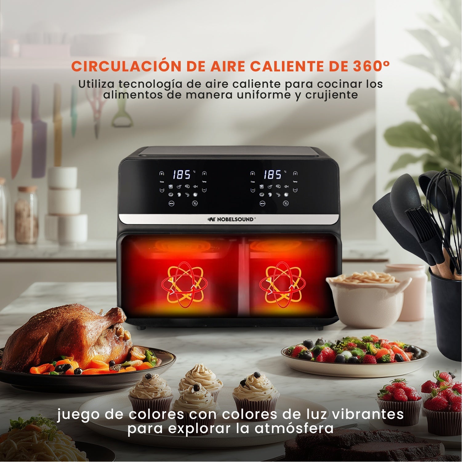 Freidora De Aire Nobelsound Air Fryer Doble Bandeja Con Utensilios Cuchillos Incluidos