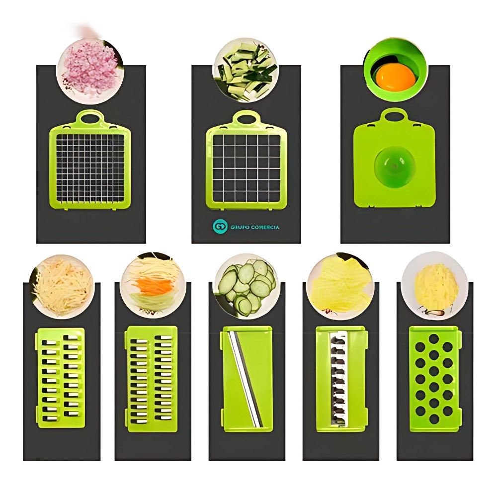 Combo Mandolina Picatodo Verdura + Tabla De Picar Descongela Carne+ Set Utensilios X12 Piezas En Silicona