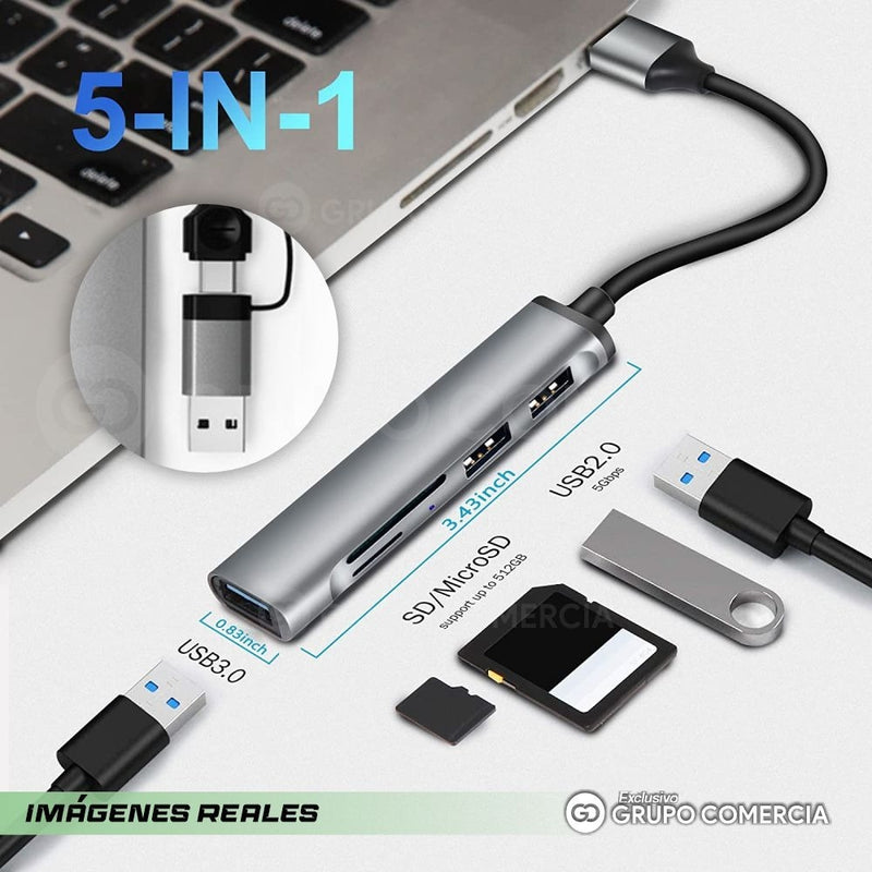 Multipuerto Hub 5 En 1 Usb / Tipo C 3.0 Metalico Epik Sd