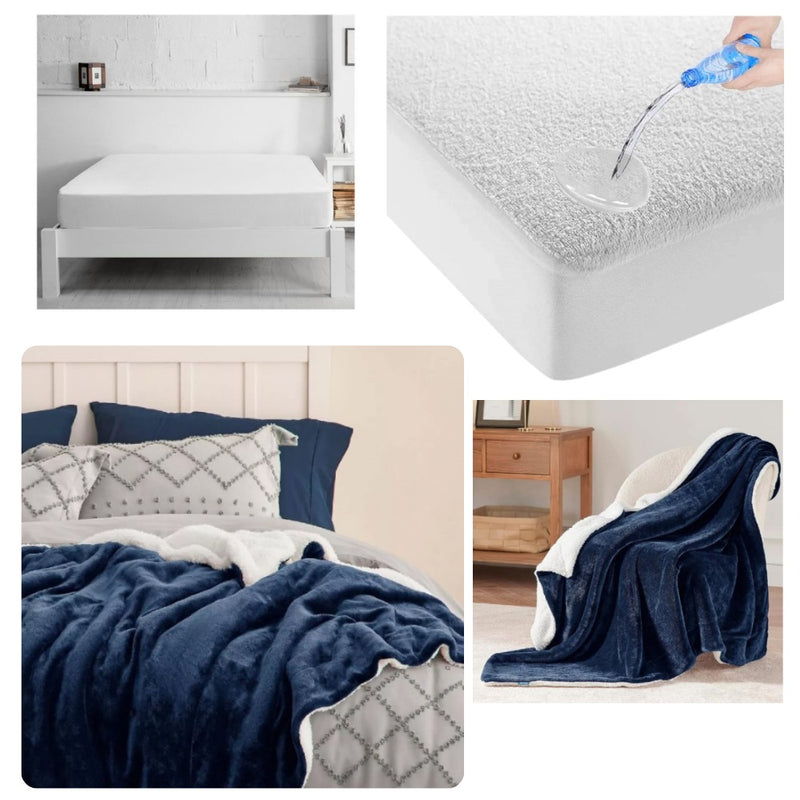 Combo Protector De Colchon Antifluido + Cobija Termica Ovejera Doble Faz 180 X 240