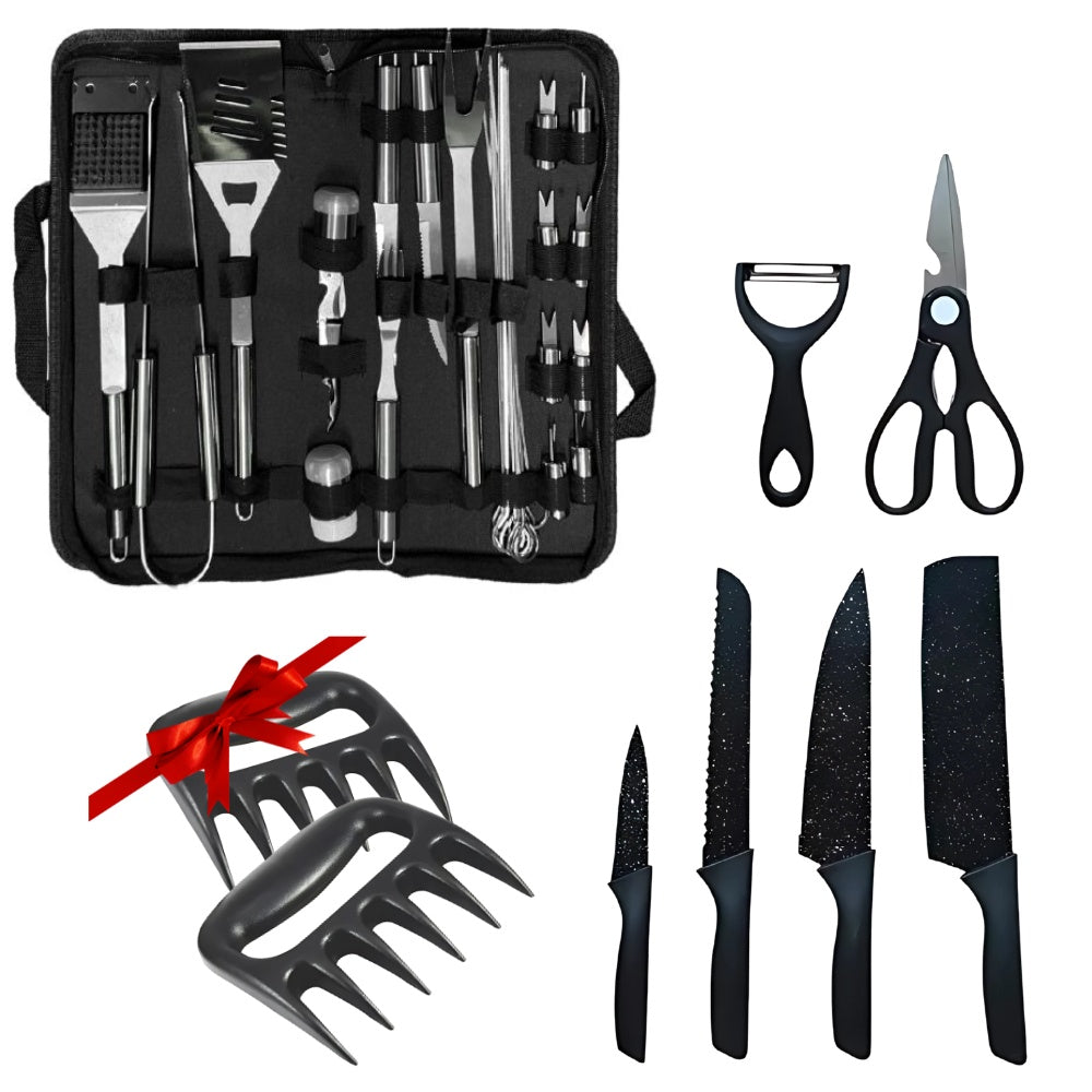 Combo Utensilios Asado X29 Piezas + Set X6 Cuchillos Negros + Obsequio 2 Garras De Oso