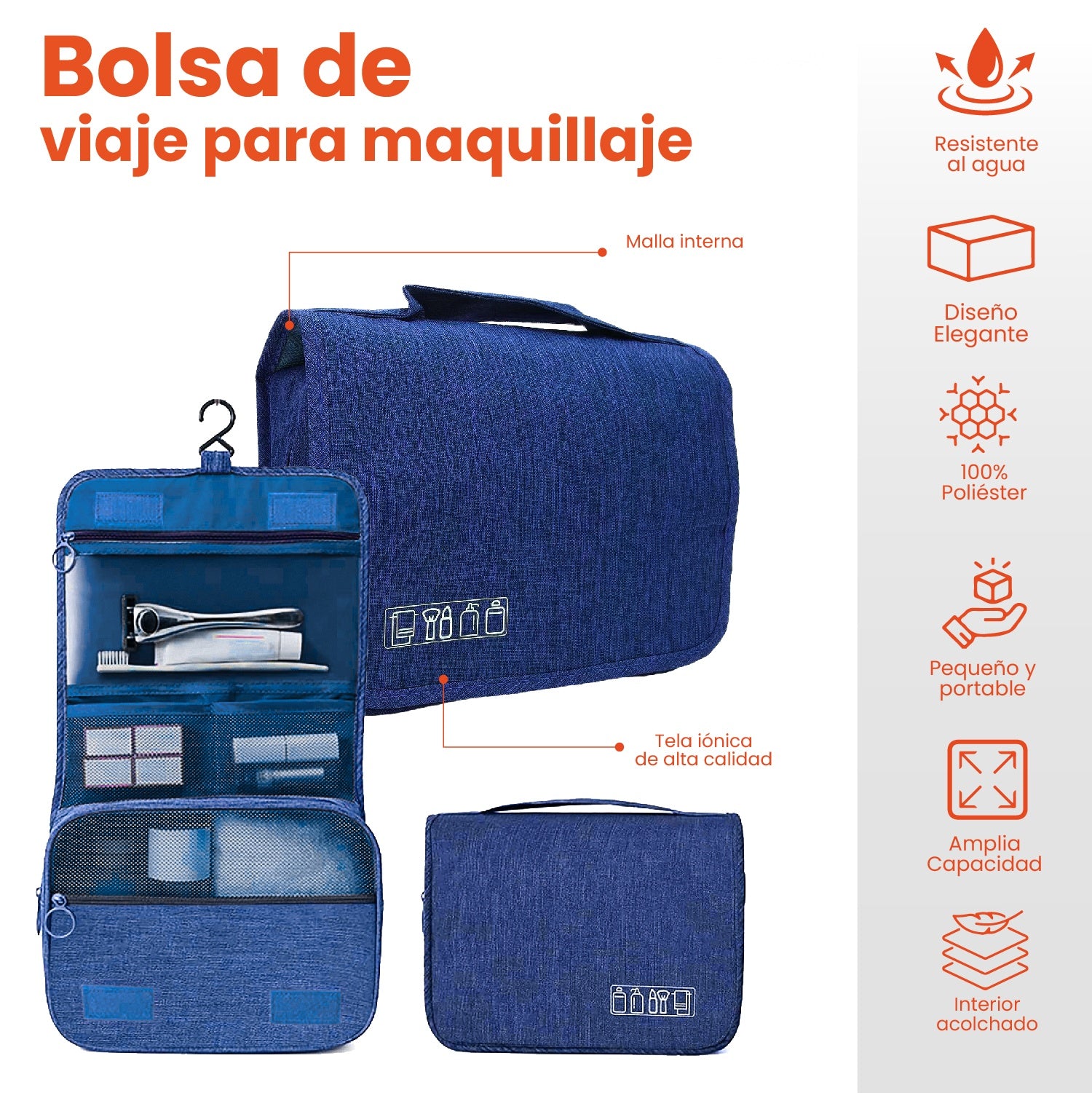 Combo Organizador De Viaje Equipaje Cosmetiquera Maquillaje Y Bolso Ropa Interior Azul