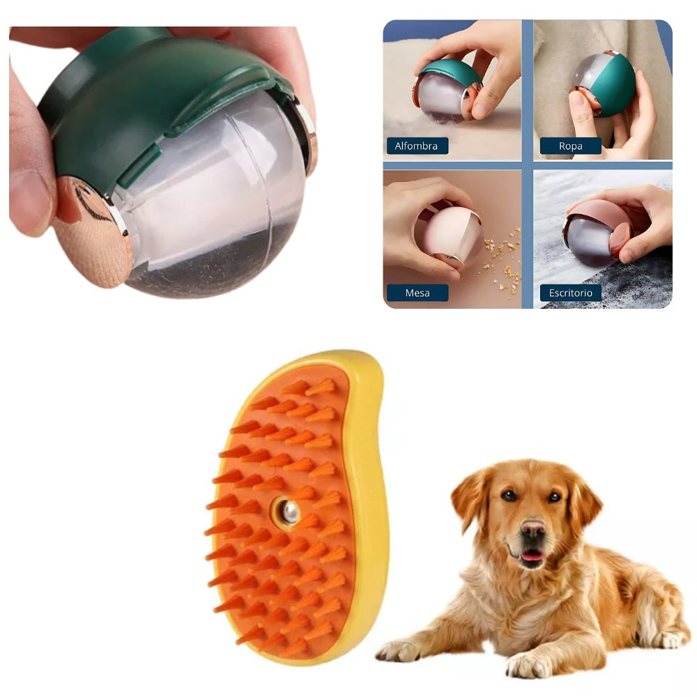 Combo Esfera Rodillo Silicona Quita Pelos + Cepillo Masaje Mascotas Vapor