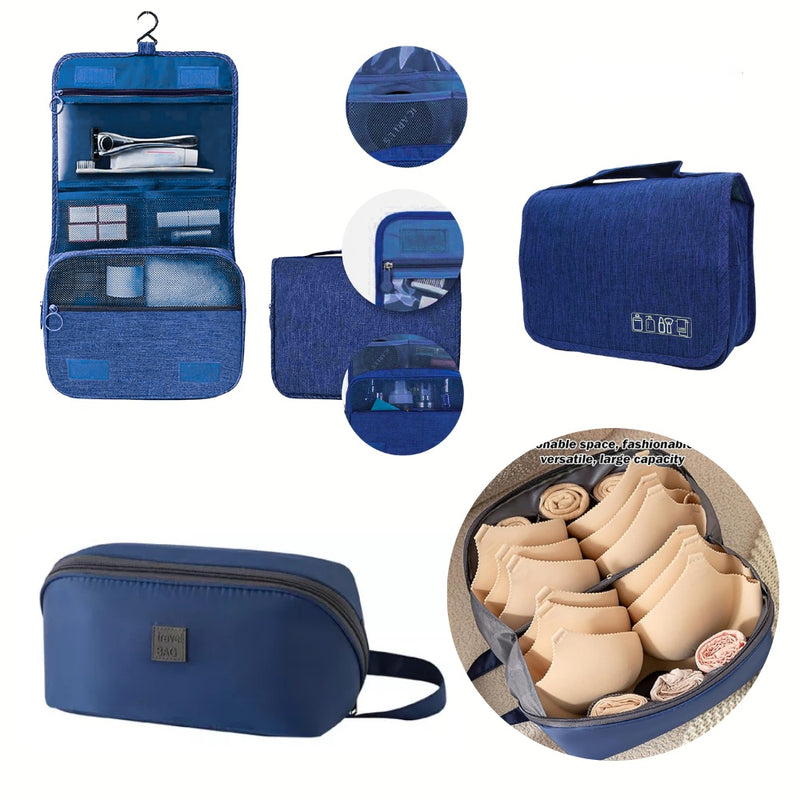 Combo Organizador De Viaje Equipaje Cosmetiquera Maquillaje Y Bolso Ropa Interior Azul